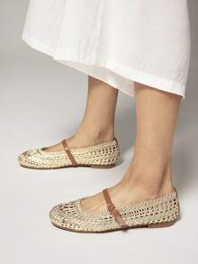 SHEIN VACAZURE Ladies Crochet Raffia Mary Jane Ballet Flat For Christmas Valentine's Day - Light gold - View 2