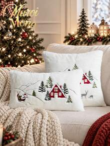 1pc Christmas Santa Claus Red House & Christmas Tree Embroidered Throw Cushion Cover, Suitable For Indoor Decoration, Christmas Decorative Pillow Cover, Pillow Insert Not Included - Multicolor - View 2