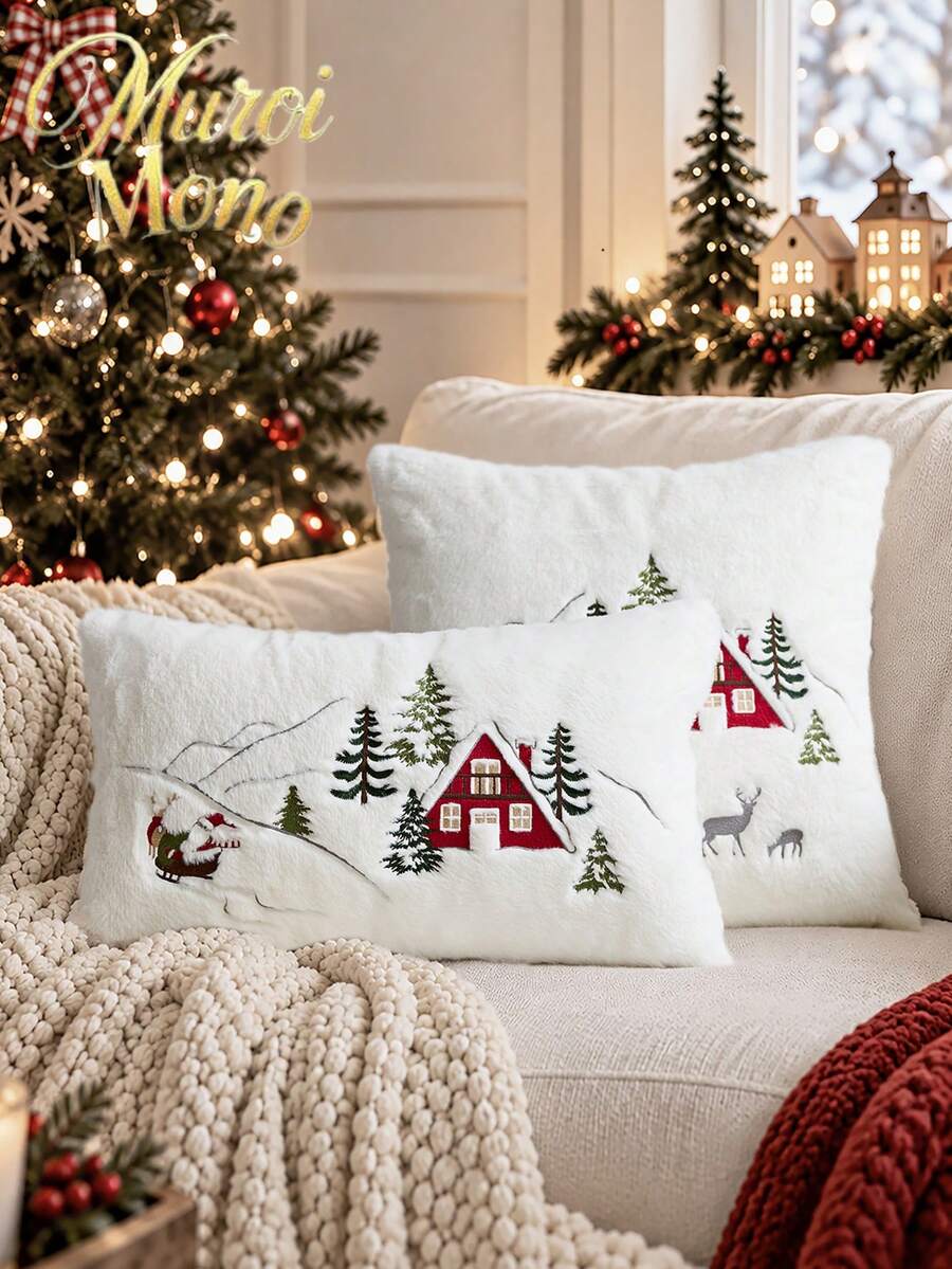 1pc Christmas Santa Claus Red House & Christmas Tree Embroidered Throw Cushion Cover, Suitable For Indoor Decoration, Christmas Decorative Pillow Cover, Pillow Insert Not Included