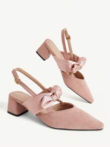 CUCCOO CHICEST Satin Bow Tripple Tip Thick Medium Heel Gentle Naked Pink Imitation Suede Backspace Mule High Heel Sandals Dating Afternoon Tea - Pink - View 4