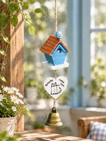 Cute Resin Wind Chime With Metal Bell, Bird House Bird Figurine Hanging Pendant, Wooden Tag Printed Ornament, For Room Window Car Rearview Mirror Decor, Creative Birthday Festival Gift - multicolor - View 5