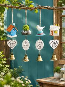Cute Resin Wind Chime With Metal Bell, Bird House Bird Figurine Hanging Pendant, Wooden Tag Printed Ornament, For Room Window Car Rearview Mirror Decor, Creative Birthday Festival Gift - multicolor - View 6