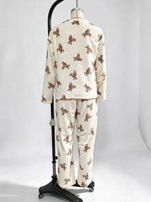 Joivida Women's Plush Fleece Pajama Set | Cute Bear Print Ribbed Long Sleeve Pullover And Pants Warm Winter Loungewear 2 Pieces Set - Multicolor - View 5