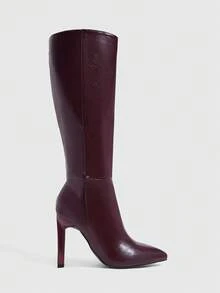 Daringsoles 女款粗跟高跟尖頭側拉鍊及膝長靴 性感通勤 PU 皮革秋冬女靴 - 酒紅1 - 查看 1