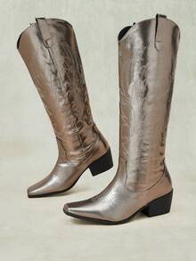 Styleloop Outdoor Women's Square Toe Molding Bottom Embroidery Thread Decoration Fashionable Simple And Comfortable Party Nightclub With Boots - gun color - View 4