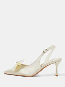 CUCCOO HITCHD Off-White Satin Back Stiletto Shoes, Satin Bow Crystal Ring Pointed Women's Shoes - Off-white - View 2