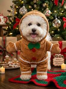 PETSIN 1PC New Christmas Gingerbread Man Standing Pet Costume, Cute Dress‑Up Outfit For Cats & Dogs - coffee color - View 2