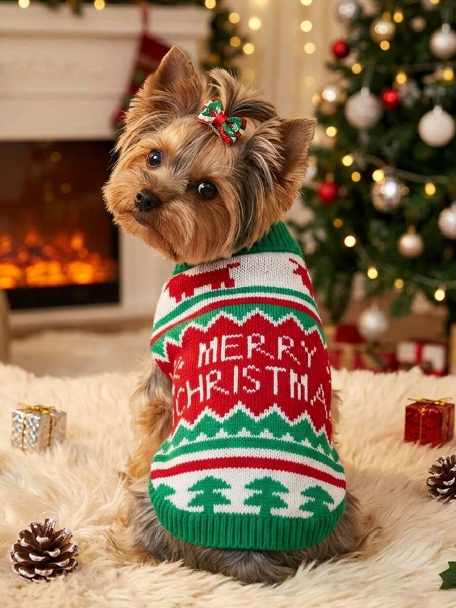 PETSIN 1 PC Christmas Pet Knitted Sweater For Winter,Reindeer Pattern Design,Suitable For Cats And Small To Medium-Sized Dogs - red green - View 1