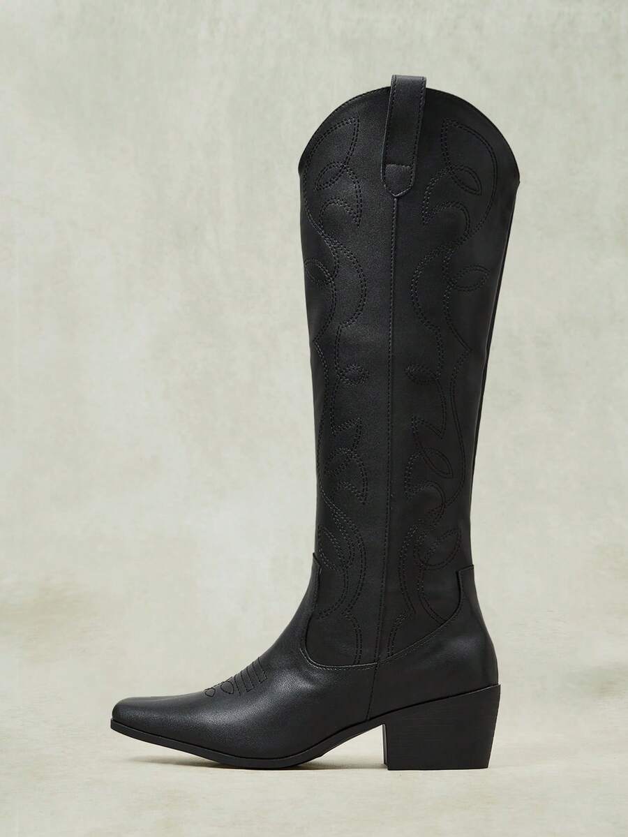 Styleloop Outdoor Women's Square Toe Molding Bottom Embroidery Thread Decoration Fashionable Simple And Comfortable Party Nightclub With Boots - Pure black - View 1