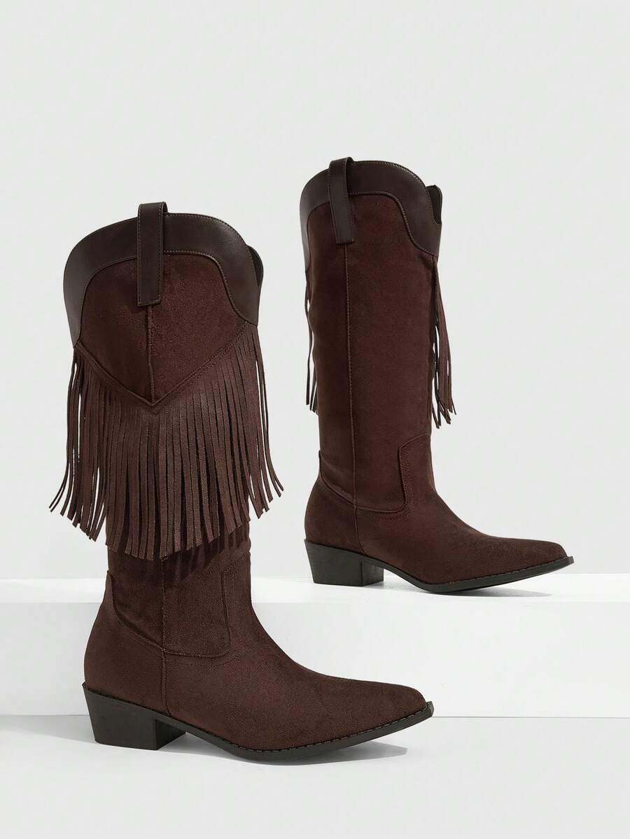 Daringsoles Women's Retro Western Style Pointed Thick Heel Fringed Medium Boots, Imitation Suede Splicing Boots, Suitable For Autumn And Winter Travel In A Daily Fall Boots - Coffee Brown - View 1