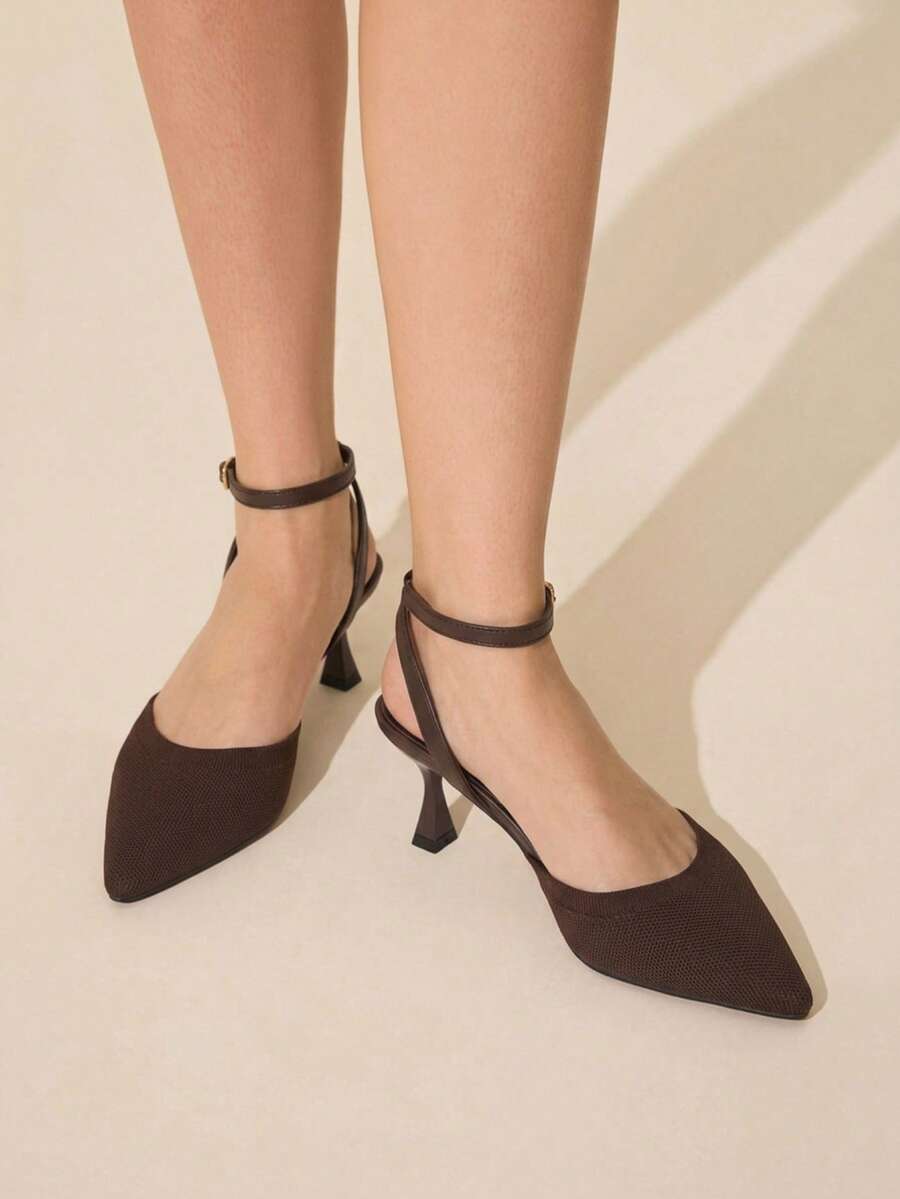 CUCCOO BASICS Fashion Brown Knitted Fabric Ankle Strap Pointed Stiletto Women's Shoes Comfortable Commuting Office Vacation Go Out Essential Fall Shoes - Coffee Brown 1 - View 1