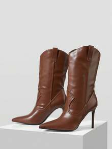 MOTF PREMIUM Sepatu bot koboi gaya Barat minimalis cokelat murni, ujung runcing, potongan V, lapisan mengkilap, sepatu bot wanita hak tinggi ramping elegan serbaguna, hak stiletto seksi, sepatu bot fashion serbaguna untuk bepergian dan kencan, gaya serbaguna. Sepatu bot gaya Barat ujung runcing hitam murni, gaya dewasa sepatu bot serbaguna musim gugur/musim dingin yang membuat kaki terlihat lebih panjang. - Coklat - View 7