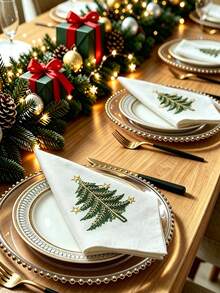 Cirelle 2/4pcs Christmas Embroidered Cloth Napkins, Poly Linen Blend Dinner Napkins With Gold Star Christmas Tree Embroidery, Rustic Farmhouse Holiday Cloth Napkins For Christmas Dinner, Holiday Party Table Decor - Multicolor - View 10