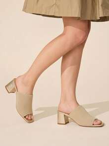 CUCCOO BASICS Spring And Summer Weaving Square Top Hollow High-Heeled Mules Mop, Breathable Open-Toe Mop - Gold - View 3