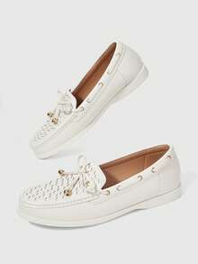 Sleekvia Women's Shoes White Woven Cutout Bow Loafers Daily Commute Fall Shoes - Beige - View 6