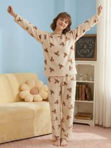 Joivida Women's Plush Fleece Pajama Set | Cute Bear Print Ribbed Long Sleeve Pullover And Pants Warm Winter Loungewear 2 Pieces Set - Multicolor - View 3
