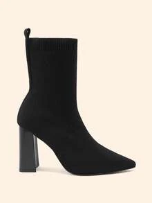 CUCCOO BASICS Women's Fashion Simple Pointed Elastic Knitted Breathable Black Ankle Boots, Thick Heel Design Fall Boots - Black fly weaving - View 7