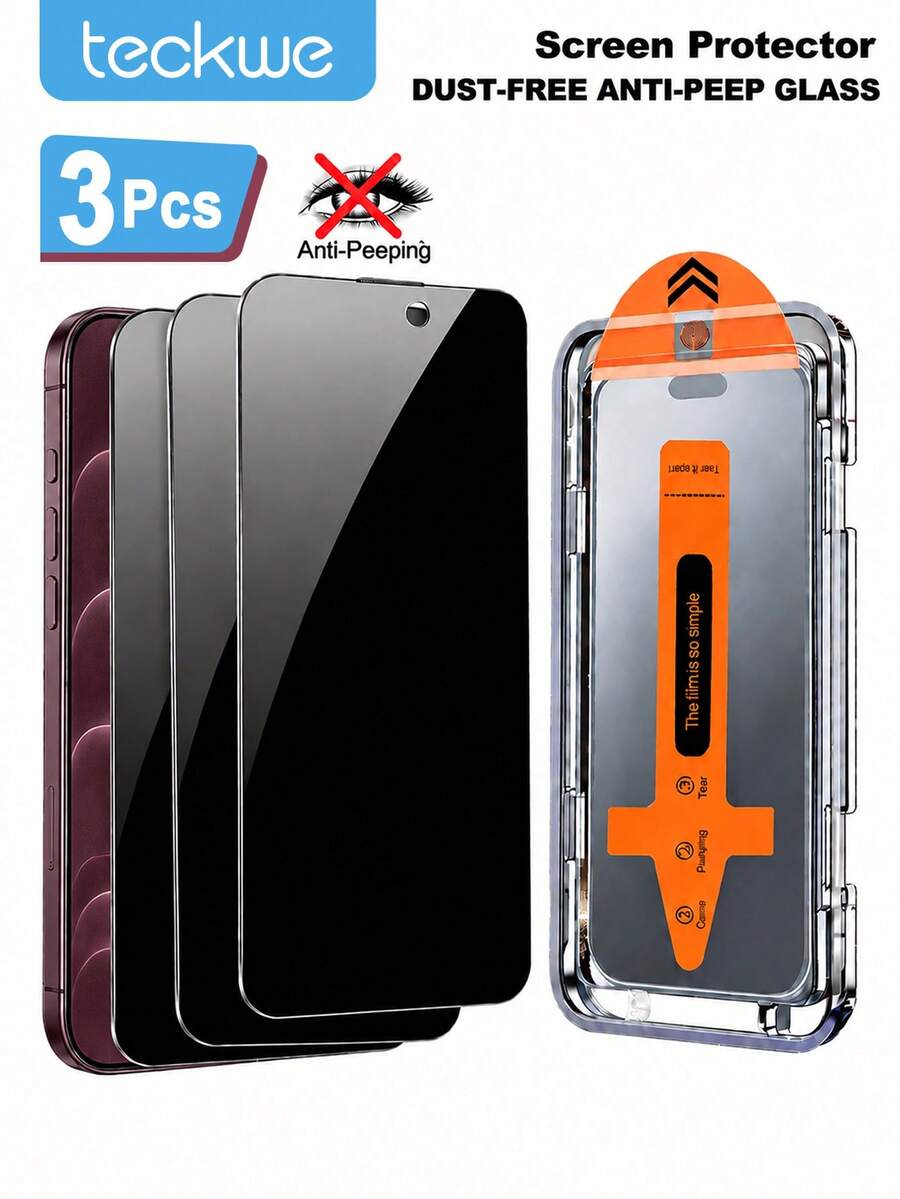Teckwe 3pcs 9H High Toughness Privacy Screen Protector With Positioner, One-Peel Easy Installation, Precise Fit No Bubble No White Edge, Ultra Clear Front View, Side Privacy Protection, Smooth Touch, Anti-Scratch, Anti-Dust, Waterproof, Anti-Fingerprint, Compatible With Iphone 18 Pro Max/18 Pro/Duo/17 Pro Max/17 Pro/17 Air/17/16/16 Plus/16 Pro/16 Pro Max/15/14/13 Mini/12/11/XS Max/XR Series - Black - View 1