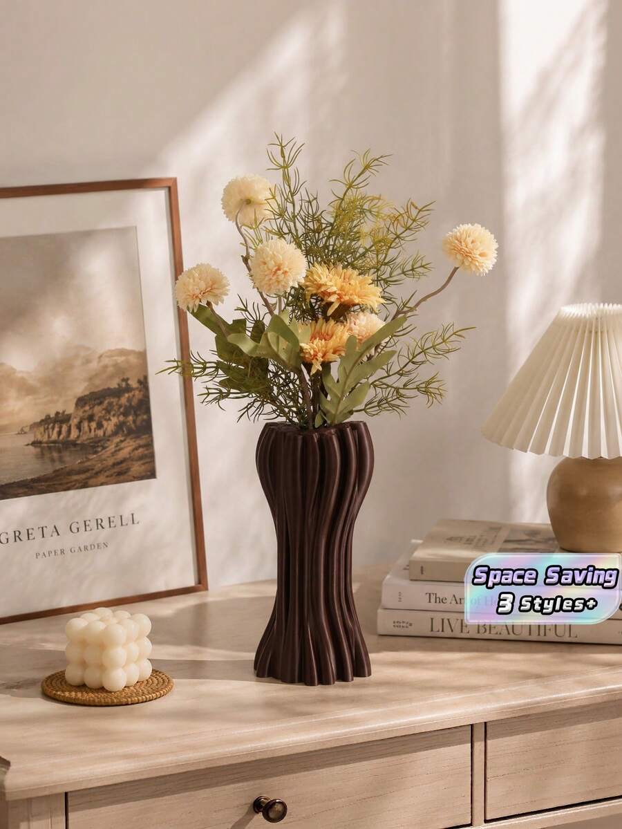 1PC Standard Size Artistic Twisted Curved Line Irregular Shaped Floral Vase Holder With Vertical Ribbed Detail Nordic Minimalist Modern Style For Home Living Room Dried Flower Display Tabletop Centerpiece Ornament Sturdy Non Slip Base - A - View 1