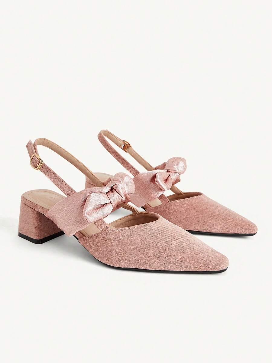 CUCCOO CHICEST Satin Bow Tripple Tip Thick Medium Heel Gentle Naked Pink Imitation Suede Backspace Mule High Heel Sandals Dating Afternoon Tea - Pink - View 1