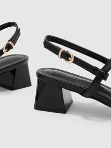 CUCCOO BIZCHIC Women's Fashion Spring And Summer New Square Top PU Surface Strap. Foot Strap. Back Strap Sandals. Medium High Heel Painted Coarse Heel Roma - Black - View 6