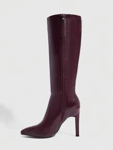 Daringsoles 女款粗跟高跟尖頭側拉鍊及膝長靴 性感通勤 PU 皮革秋冬女靴 - 酒紅1 - 查看 4