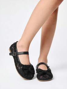ROMWE Kawaii Women's Fashionable & Sweet Bow Decor Flats Valentine's Day Fall Shoes - Black + Lace Bow - View 4