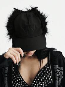 MortiRose 1Pc Black Letter Three-Dimensional Embroidery Simple And Fashionable Baseball Cap, Plush Dark Sweet And Cool Wind Hat Decoration Niche Single Item - Black - View 3