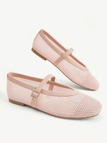 CUCCOO CHICEST Metal Buckle With Square Toe Flat Bottom Mesh Yarn Breathable Solid Color PU Splicing Mary Jane Shoes Women's Daily Commuting Shoes - Pink - View 4