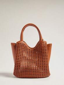 Wovira Ladies Handbag, Woven, Hollowed Out, Vacation Old Money Style, Simple Urban Fashion Vegetable Basket Bag, Suitable For Daily Commuting, Shopping, - Brown - View 6