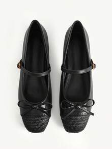CUCCOO CHICEST Women's Shoes Spring And Autumn Small Bow Decoration Adjustable Gold Buckle Word With Straw Woven Color Matching Toe Small Square Toe Flat Heel Flat - Black - View 1