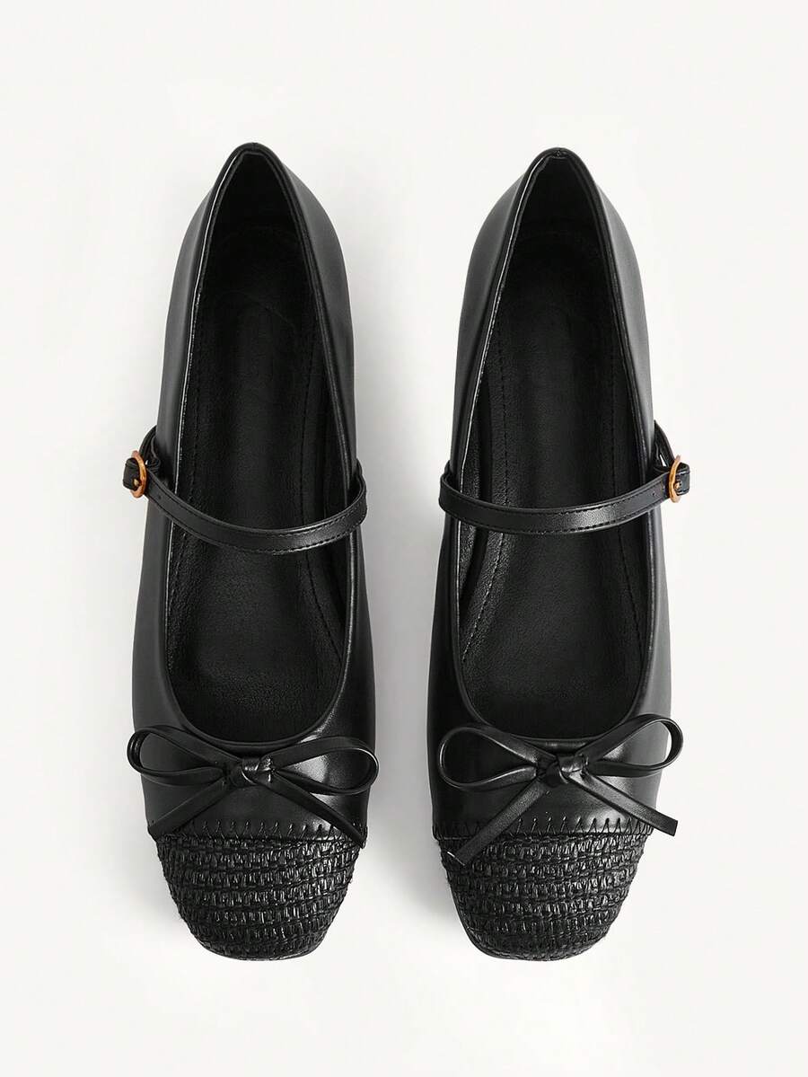 CUCCOO CHICEST Women's Shoes Spring And Autumn Small Bow Decoration Adjustable Gold Buckle Word With Straw Woven Color Matching Toe Small Square Toe Flat Heel Flat - Black - View 1
