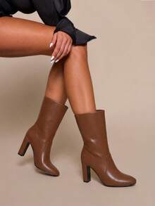 Daringsoles Women's Solid Color Round Toe Chunky Heel Slip-On Mid-Calf Boots, Daily Commute Office Versatile Faux Leather Ankle Boots Fall Shoes - Brown - View 7