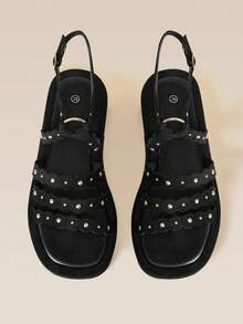 HighSole Wave Lace Rivet Decoration Thick Sole Sweet Cool Retro Comfortable Rear Empty Sandals Dating Daily Wear - Black - View 1