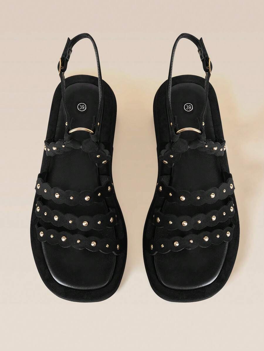 HighSole Wave Lace Rivet Decoration Thick Sole Sweet Cool Retro Comfortable Rear Empty Sandals Dating Daily Wear - Black - View 1