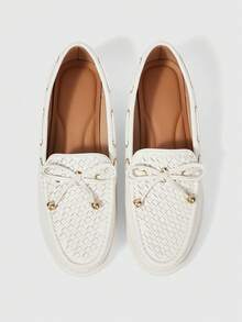 Sleekvia Women's Shoes White Woven Cutout Bow Loafers Daily Commute Fall Shoes - Beige - View 4
