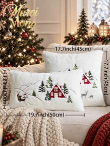 1pc Christmas Santa Claus Red House & Christmas Tree Embroidered Throw Cushion Cover, Suitable For Indoor Decoration, Christmas Decorative Pillow Cover, Pillow Insert Not Included - Multicolor - View 4