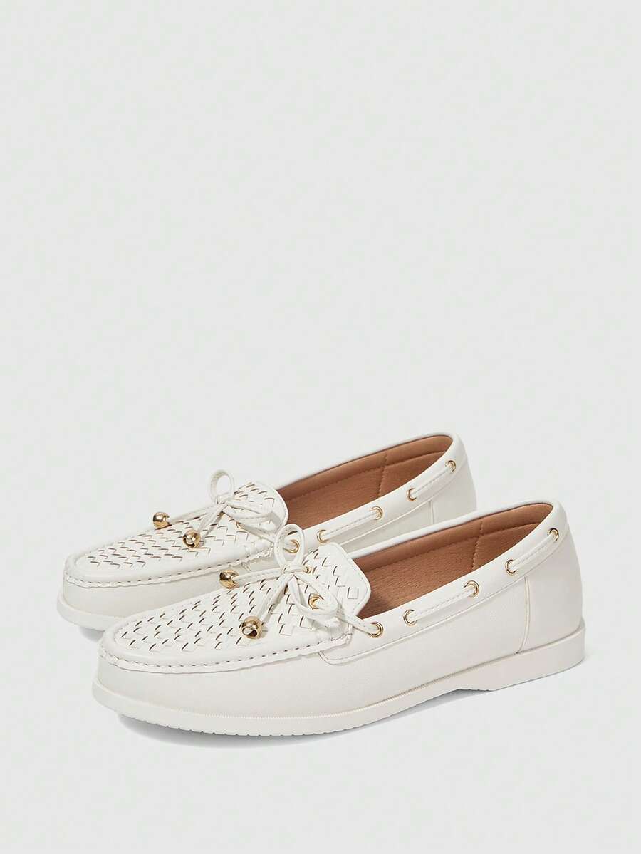 Sleekvia Women's Shoes White Woven Cutout Bow Loafers Daily Commute Fall Shoes - Beige - View 1