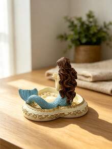 1PC Resin Heart Shaped Golden Embossed Blue Mermaid Jewelry Storage Tray Organizer Box For Earring Ring Necklace Bedroom Vanity Bathroom Nautical Decor Gift Ornament - Multicolor - View 7