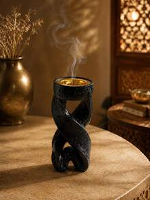 Cirelle 1Pc Twisted Ribbon Shape Incense Burner, Speckled Textured Body, Golden Perforated Metal Inner Bowl, Dual‑Use For Cone & Stick Incense, Tall Tabletop Incense Holder, Modern Sculptural Home Decor, Ramadan Desktop Ornament,Muilt‑Size Selectable Options - default - View 8