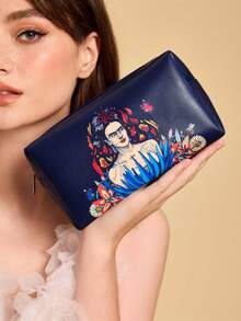 Frida Kahlo X SHEIN PU皮革化妝包，拉鍊收納袋，化妝品收納袋，多功能旅行盥洗包。適用於日常必需品、文具及各種小物品 - 藍色 - 查看 1
