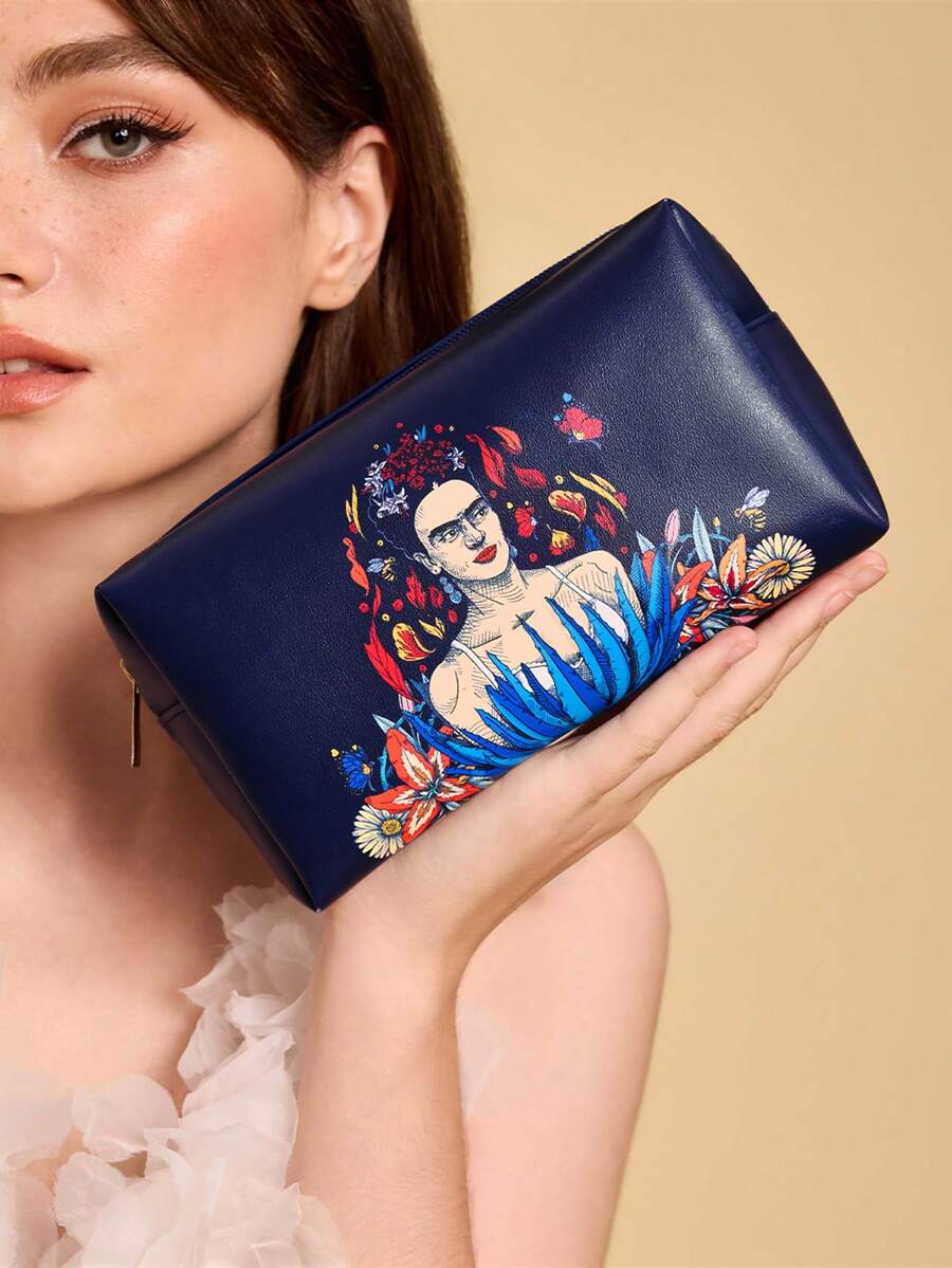 Frida Kahlo X SHEIN PU皮革化妝包,拉鍊收納袋,化妝品收納袋,多功能旅行盥洗包。適用於日常必需品、文具及各種小物品 - 藍色 - 查看 1