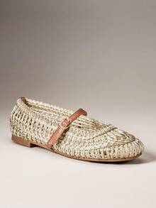 SHEIN VACAZURE Ladies Crochet Raffia Mary Jane Ballet Flat For Christmas Valentine's Day - Light gold - View 8