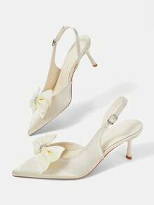 CUCCOO HITCHD Off-White Satin Back Stiletto Shoes, Satin Bow Crystal Ring Pointed Women's Shoes - Off-white - View 6