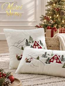 1pc Christmas Santa Claus Red House & Christmas Tree Embroidered Throw Cushion Cover, Suitable For Indoor Decoration, Christmas Decorative Pillow Cover, Pillow Insert Not Included - Multicolor - View 5