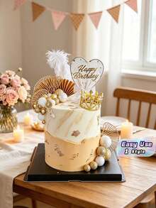 1set Lightweight Foam Paper Cake Decoration Kit Diy Reusable Crown Gold Paper Fan Round Sign Happy Birthday Cake Topper Solid Golden Tone Multi Style Baking Insert Picks For Birthday Party Dessert Table Home Party Baking Decor Accessories - gold - View 1