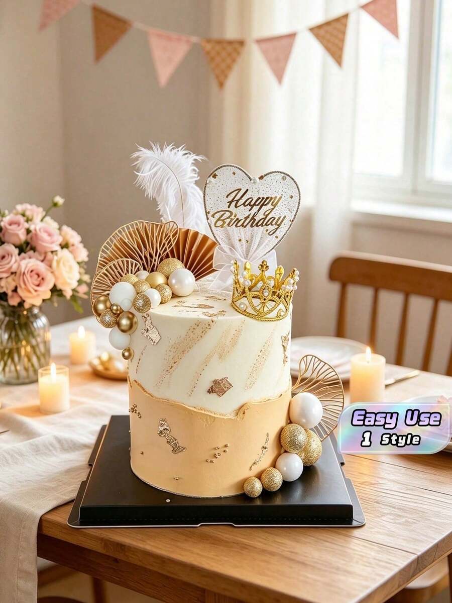 1set Lightweight Foam Paper Cake Decoration Kit Diy Reusable Crown Gold Paper Fan Round Sign Happy Birthday Cake Topper Solid Golden Tone Multi Style Baking Insert Picks For Birthday Party Dessert Table Home Party Baking Decor Accessories - gold - View 1
