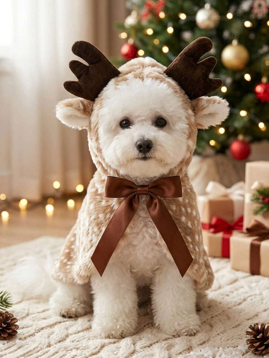 PETSIN 1 قطعة عباءة عيد الميلاد للحيوانات الأليفة، زي بطانية رأس على شكل أيل بنقاط بنية، زي تنكري لطيف للكلاب والقطط الصغيرة والمتوسطة - بني - مشاهدة 1