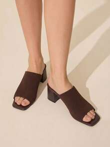 CUCCOO BASICS Spring And Summer Weaving Square Top Hollow High-Heeled Mules Mop, Breathable Open-Toe Mop - Brown - View 1