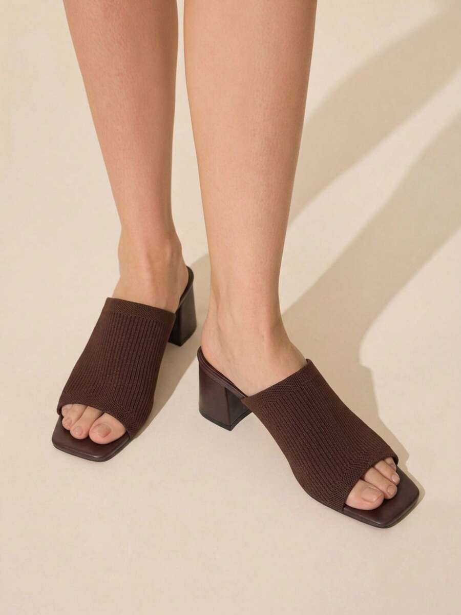 CUCCOO BASICS Spring And Summer Weaving Square Top Hollow High-Heeled Mules Mop, Breathable Open-Toe Mop - Brown - View 1
